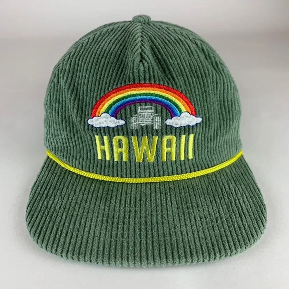 Hawaii Rainbow Green Corduroy Roper Snapback Hat